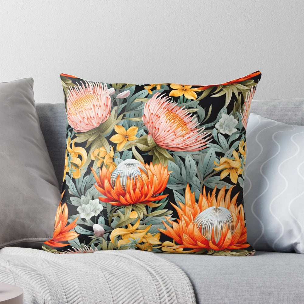 Colorful Australian native flowers in a garden design on a decorative throw pillow