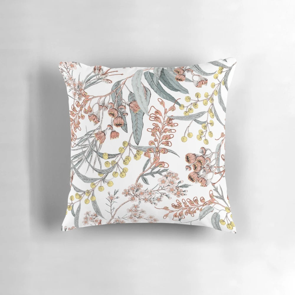 Colorful Pillow Featuring Iconic Australian Native Flowers like Eucalyptus, Grevillea, and Wax Flower