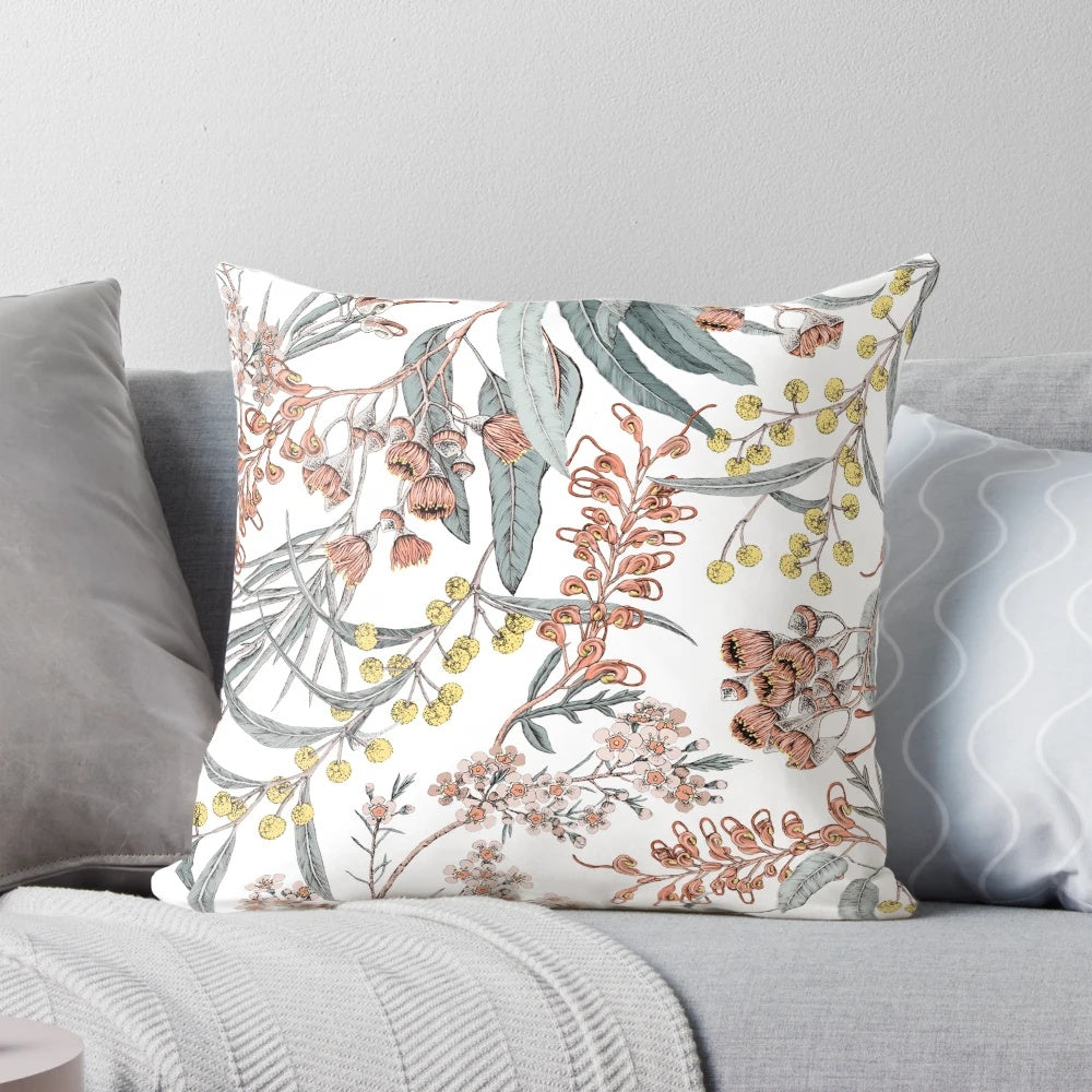 Colorful Pillow Featuring Iconic Australian Native Flowers like Eucalyptus, Grevillea, and Wax Flower