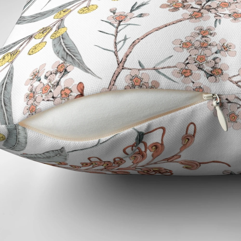 Colorful Pillow Featuring Iconic Australian Native Flowers like Eucalyptus, Grevillea, and Wax Flower