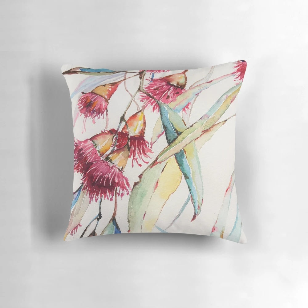 Gum Tree Watercolor Pillow featuring vibrant Australian native flowers like Rosella, Eucalyptus, and Banksia