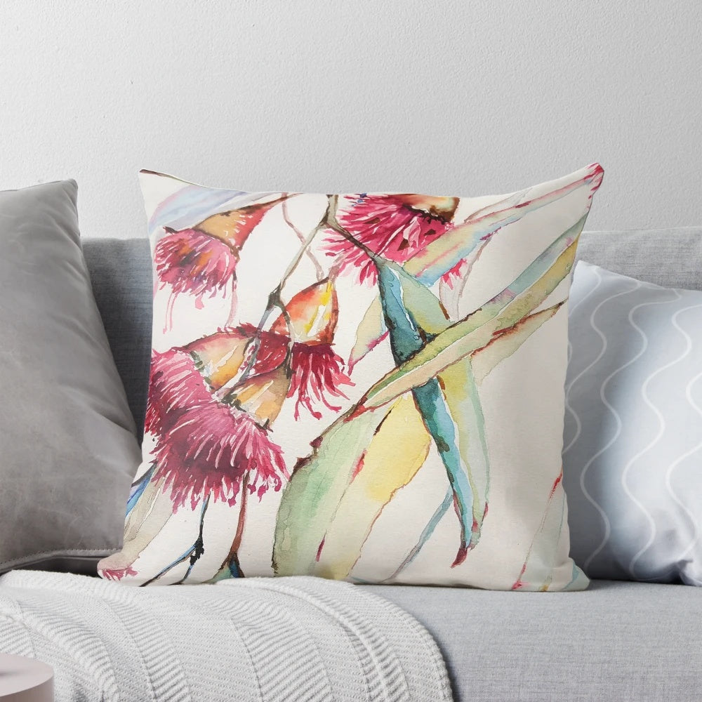 Gum Tree Watercolor Pillow featuring vibrant Australian native flowers like Rosella, Eucalyptus, and Banksia
