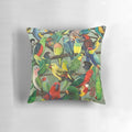 Colorful Australian parakeets printed on a decorative pillow