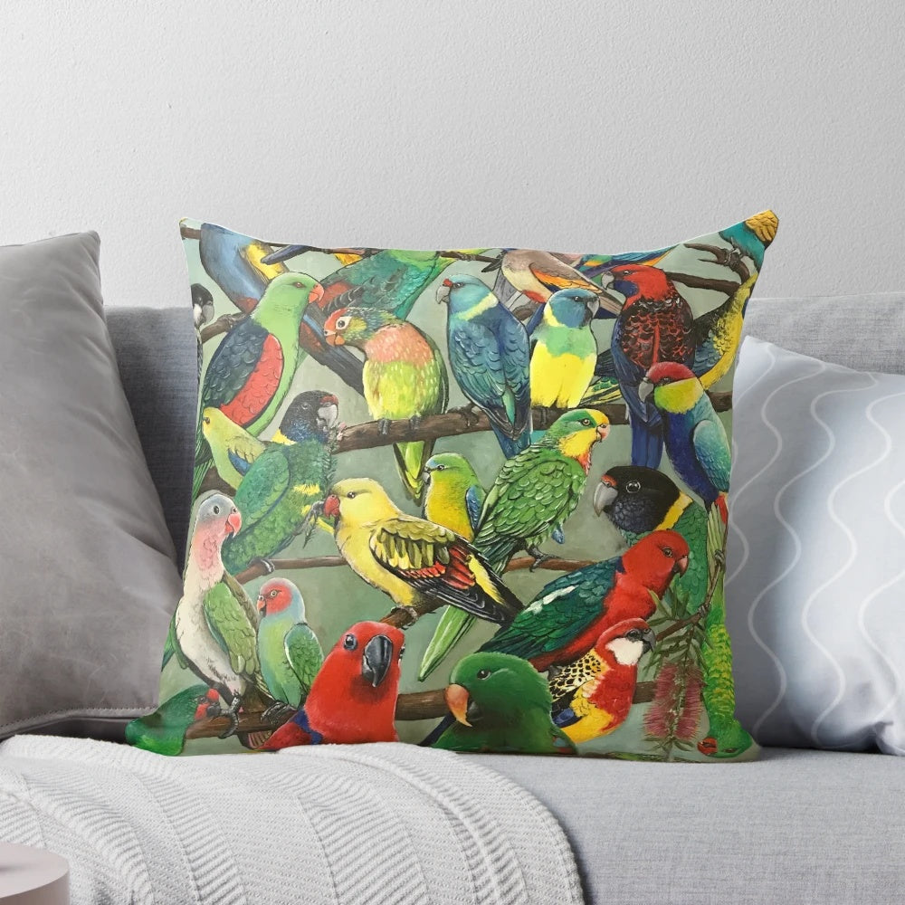 Colorful Australian parakeets printed on a decorative pillow