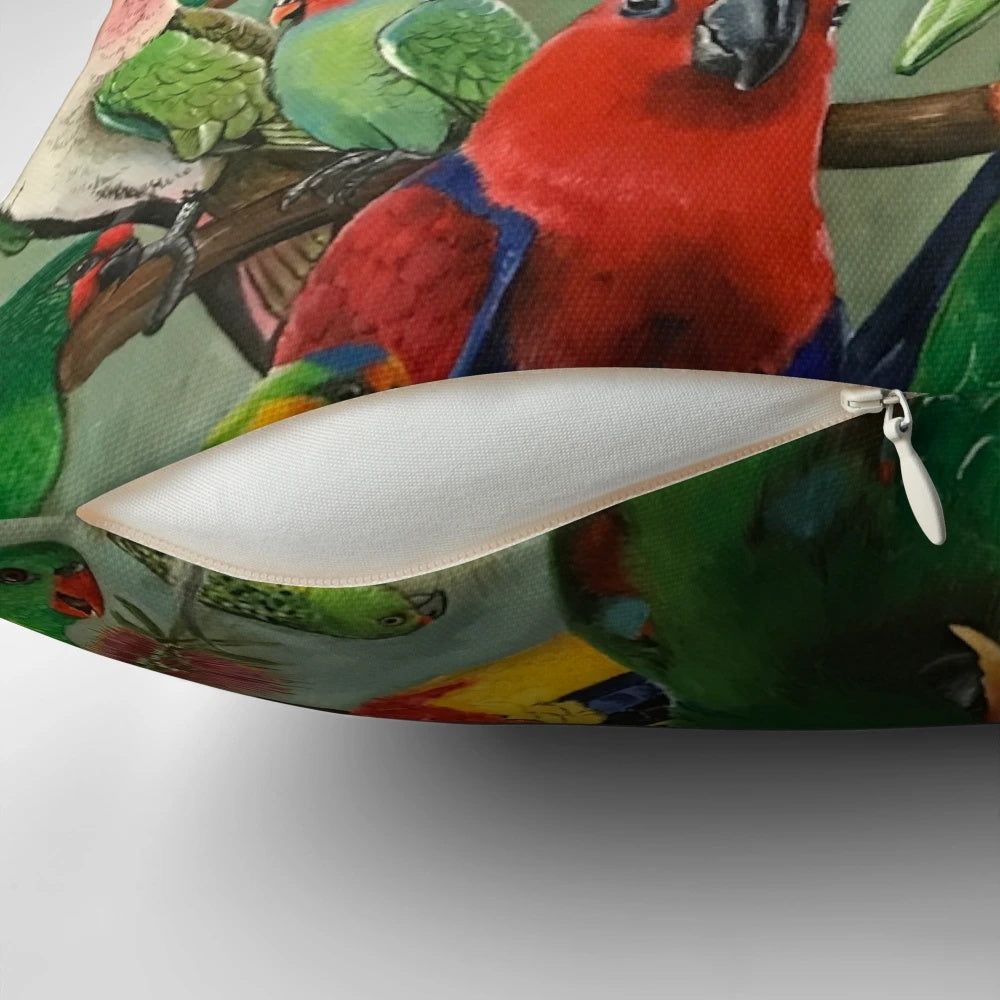 Colorful Australian parakeets printed on a decorative pillow