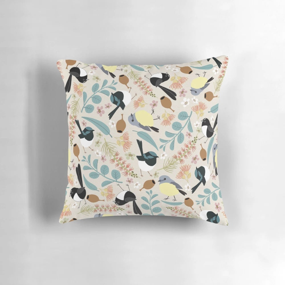 Colorful Pillow featuring Willy Wagtail, Blue Wren, and Yellow Breasted Robin, Australian Native Birds