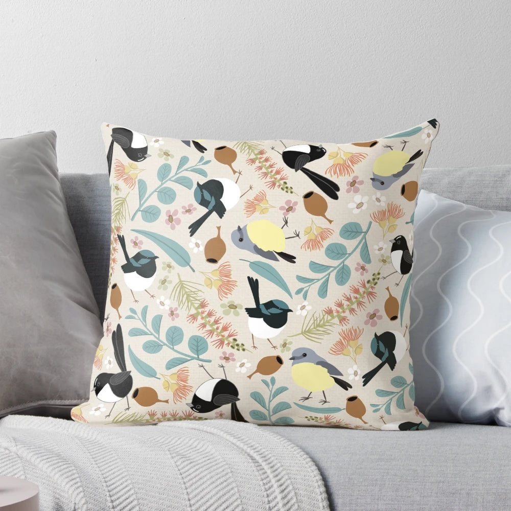 Colorful Pillow featuring Willy Wagtail, Blue Wren, and Yellow Breasted Robin, Australian Native Birds