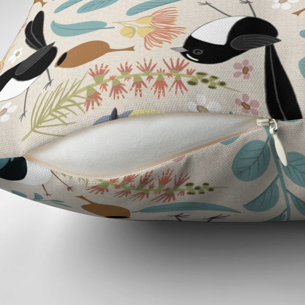 Colorful Pillow featuring Willy Wagtail, Blue Wren, and Yellow Breasted Robin, Australian Native Birds