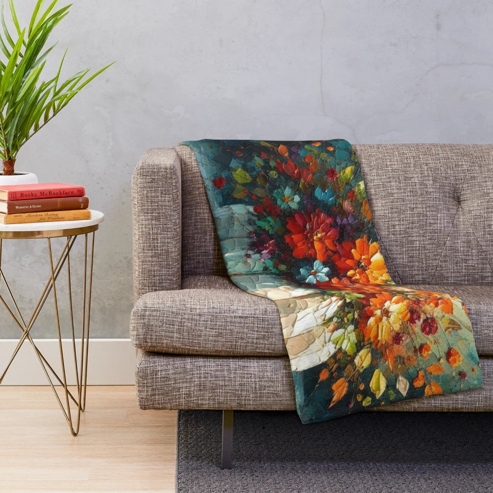 Pumpkin and floral bouquet impressionist painting on plush blanket
