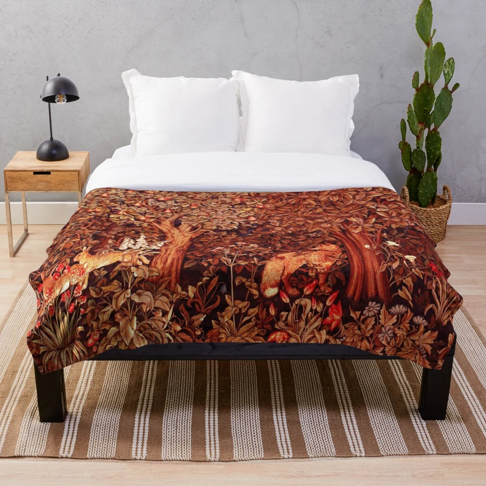Vibrant autumn forest animals floral tapestry plush blanket