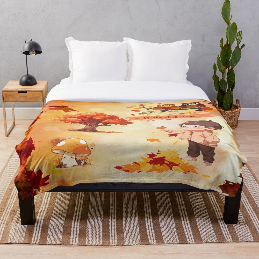 Colorful autumn plush blanket with fall foliage design