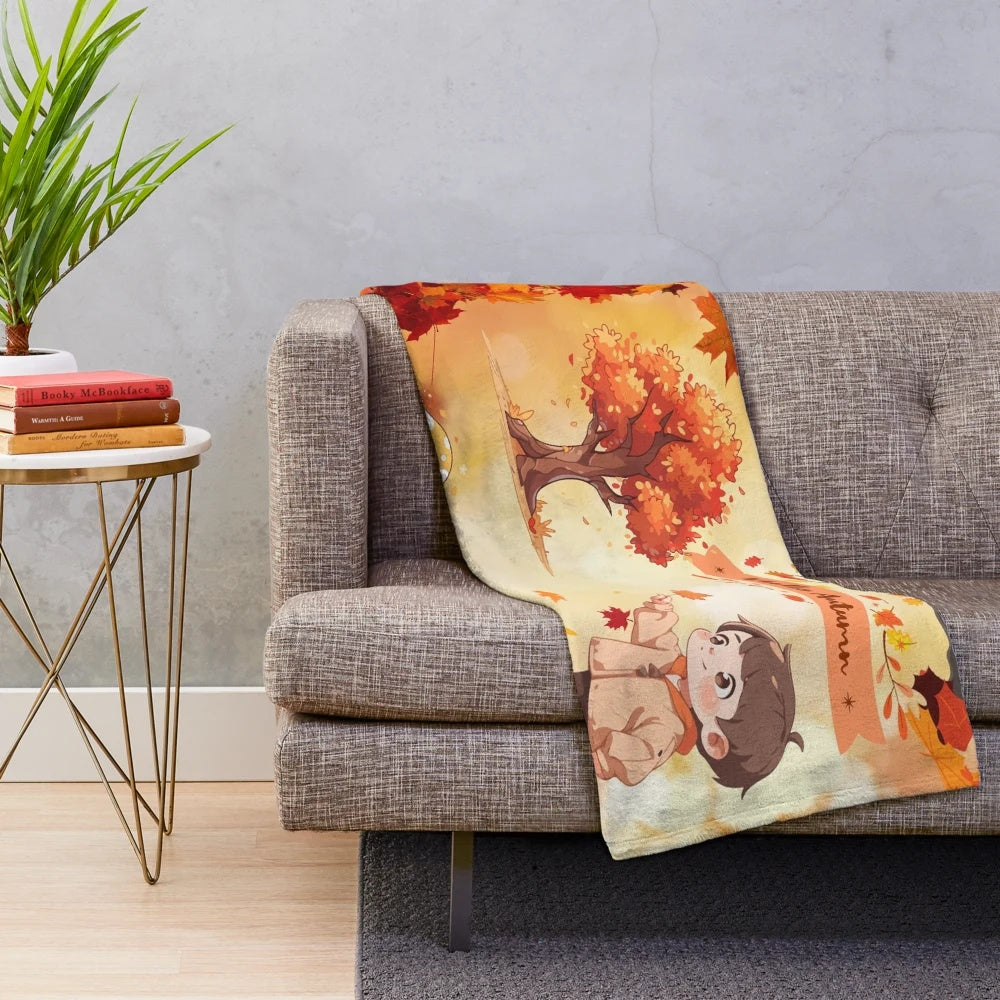 Colorful autumn plush blanket with fall foliage design
