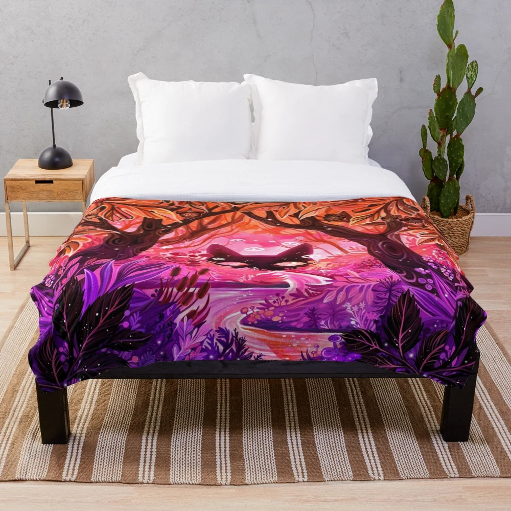 Plush blanket featuring a colorful autumn landscape with a river, plants, and bright foliage