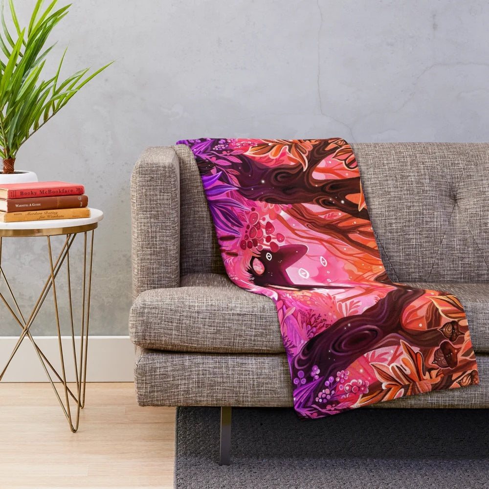 Plush blanket featuring a colorful autumn landscape with a river, plants, and bright foliage