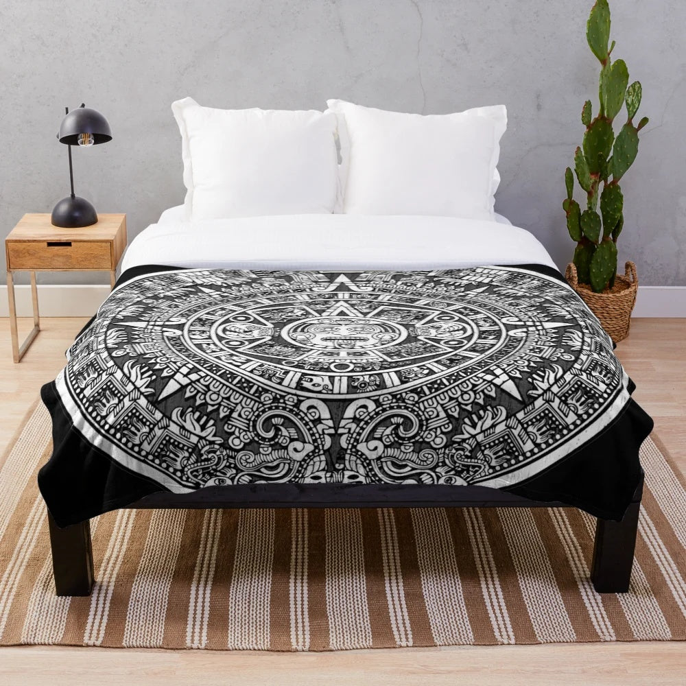 Colorful Aztec calendar pattern plush blanket