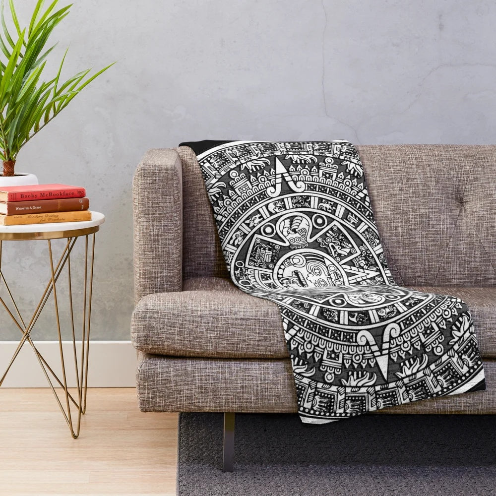 Colorful Aztec calendar pattern plush blanket