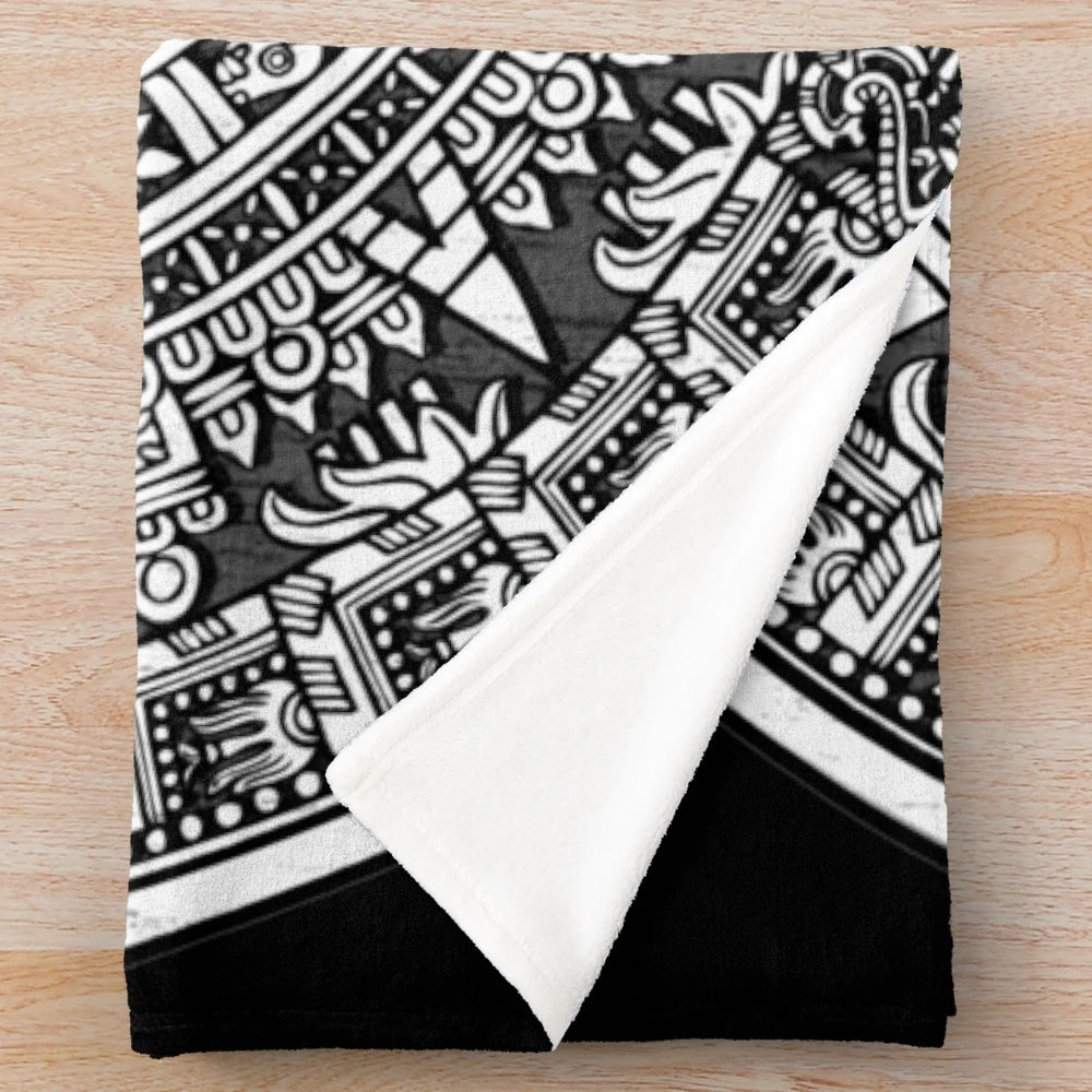 Colorful Aztec calendar pattern plush blanket