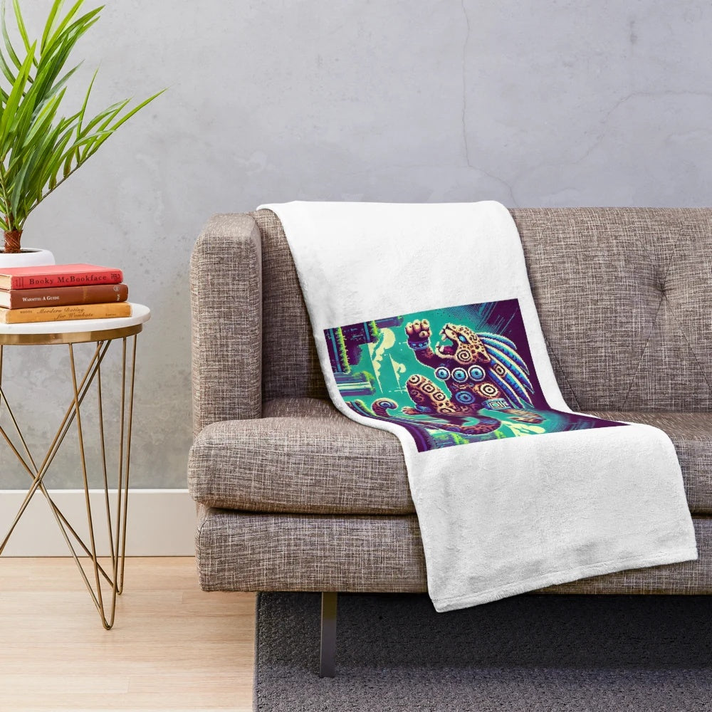 Aztec jaguar pixel art plush blanket