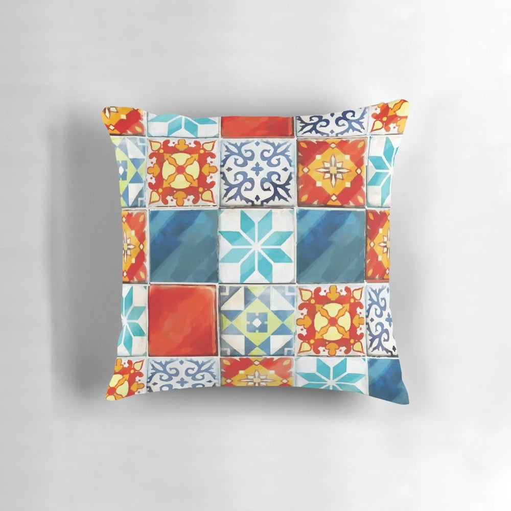 Colorful throw pillow featuring an abstract mosaic design inspired by azulejo tiles from the board game Azul