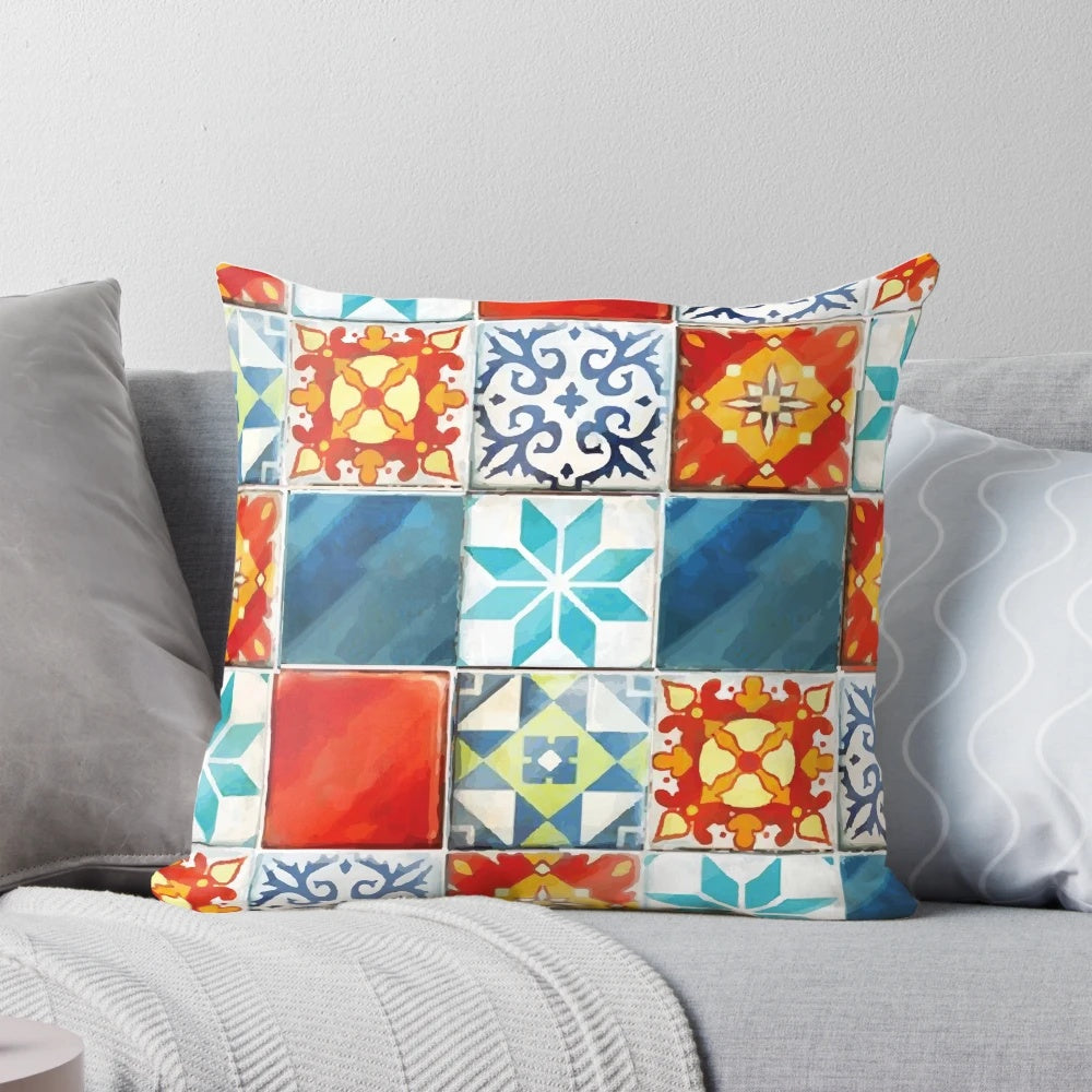 Colorful throw pillow featuring an abstract mosaic design inspired by azulejo tiles from the board game Azul