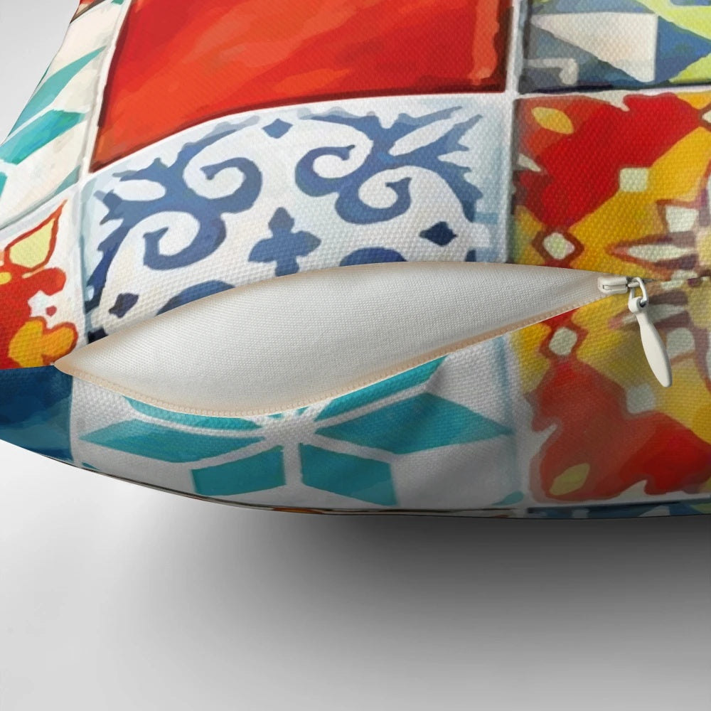 Colorful throw pillow featuring an abstract mosaic design inspired by azulejo tiles from the board game Azul