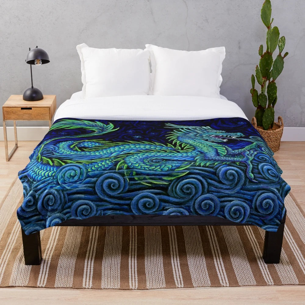 Colorful azure dragon plush blanket with swirling, psychedelic design