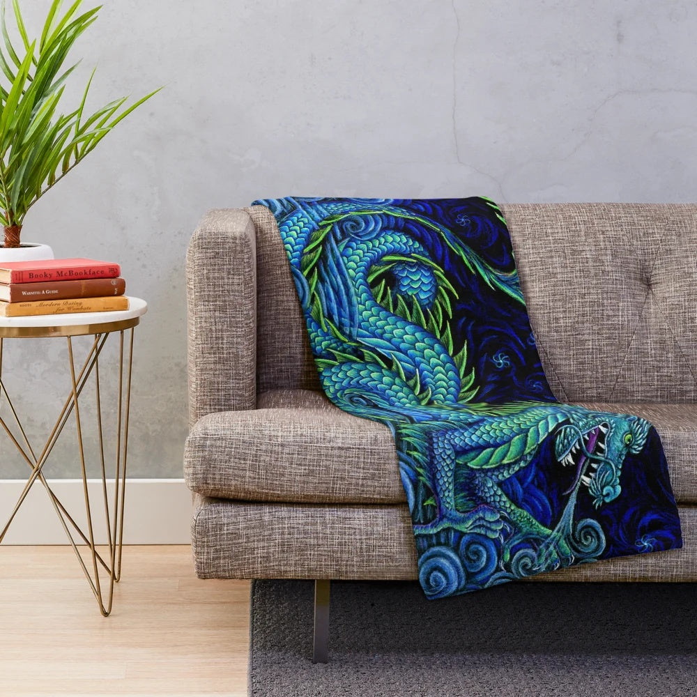 Colorful azure dragon plush blanket with swirling, psychedelic design