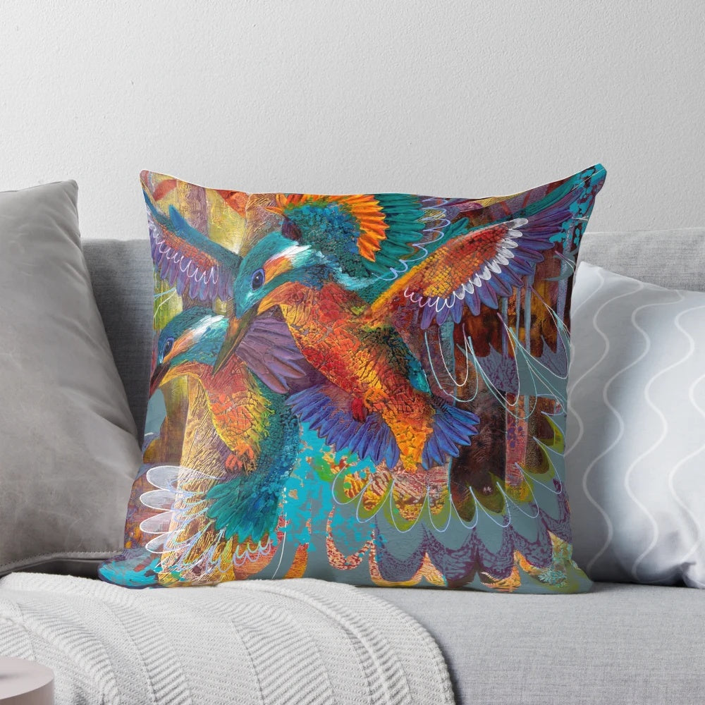 Colorful azure kingfisher bird perched on a branch, featured on a decorative throw pillow
