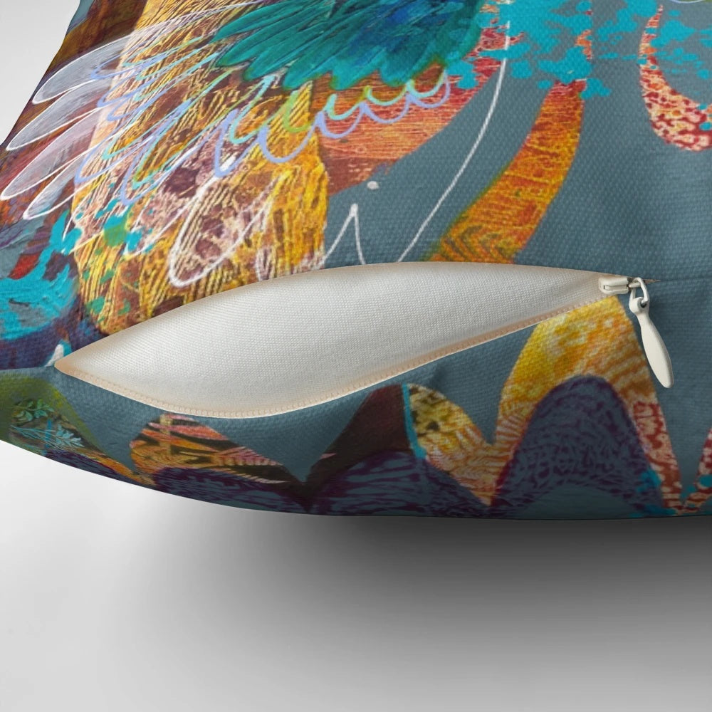 Colorful azure kingfisher bird perched on a branch, featured on a decorative throw pillow