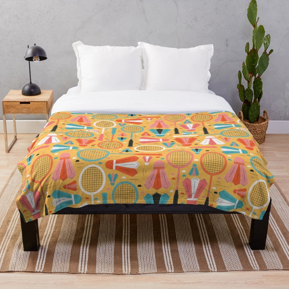Colorful plush badminton-themed blanket with vintage sport imagery