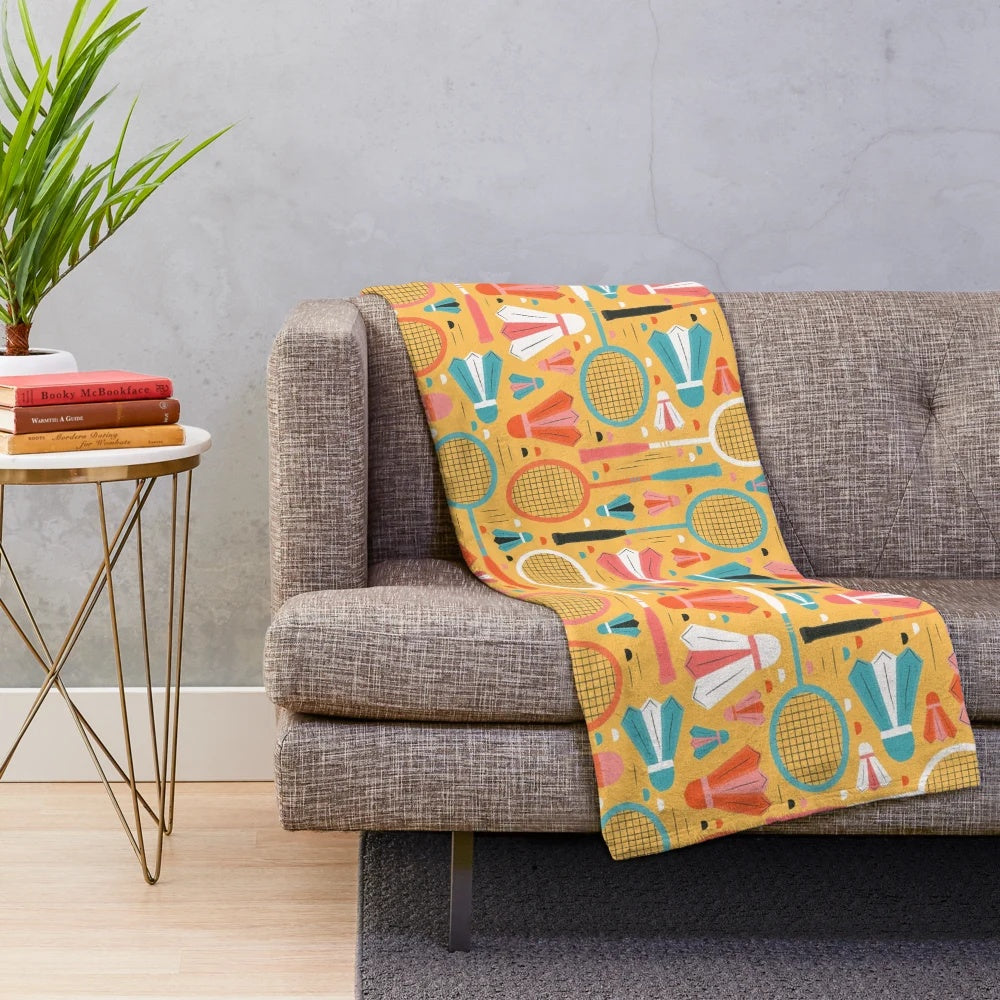 Colorful plush badminton-themed blanket with vintage sport imagery