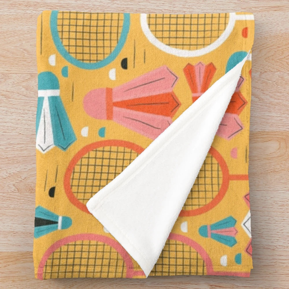 Colorful plush badminton-themed blanket with vintage sport imagery