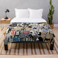 Colorful Banksy-inspired plush blanket with collage of graffiti art, animals, and political imagery