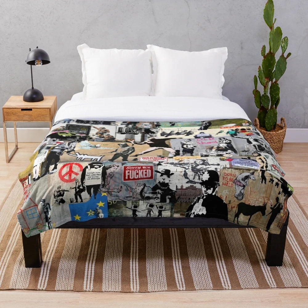 Colorful Banksy-inspired plush blanket with collage of graffiti art, animals, and political imagery