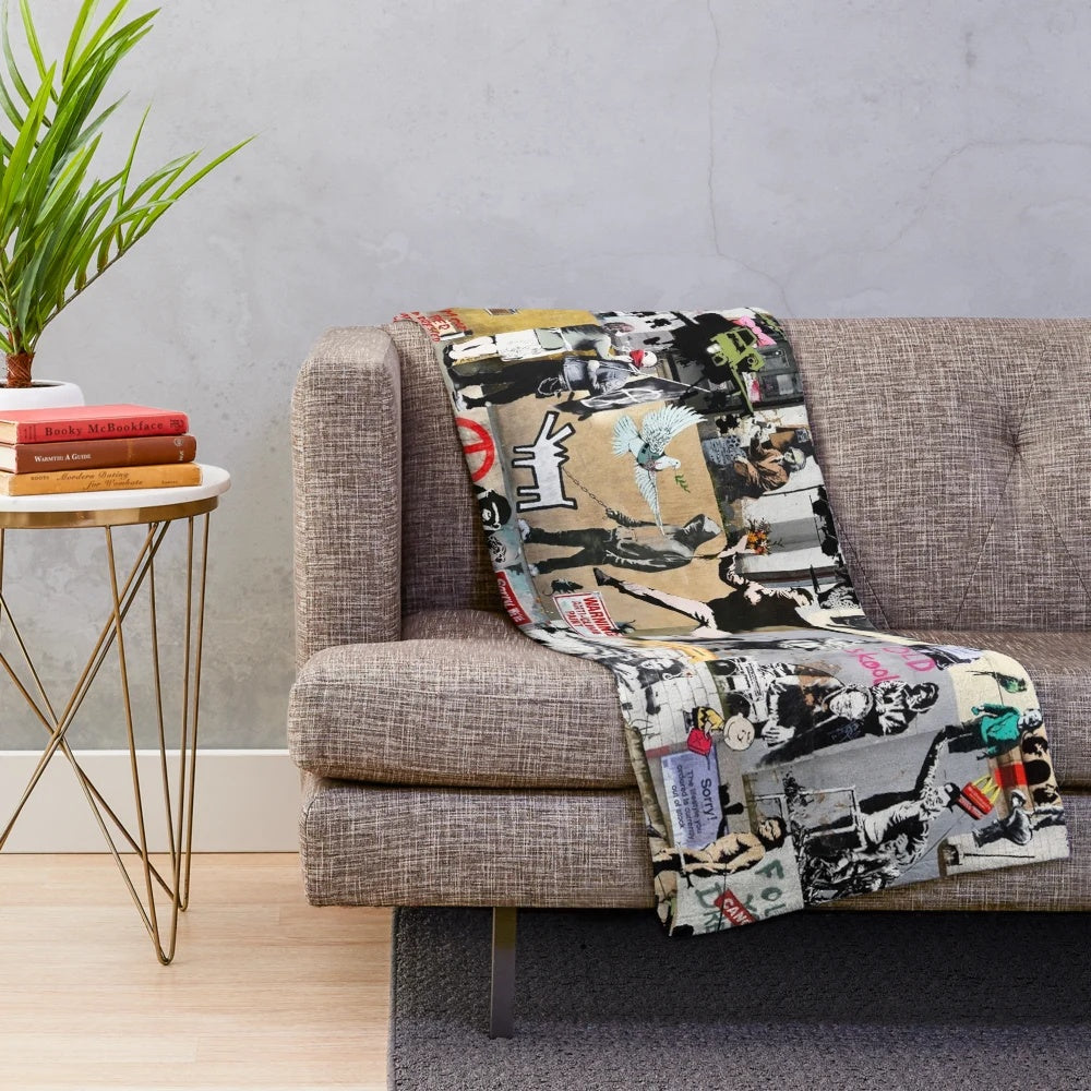 Colorful Banksy-inspired plush blanket with collage of graffiti art, animals, and political imagery