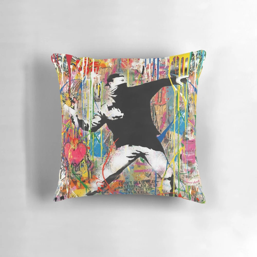 Colorful and iconic Flower Thrower pop art design on a soft, comfortable pillow for urban contemporary home decor.