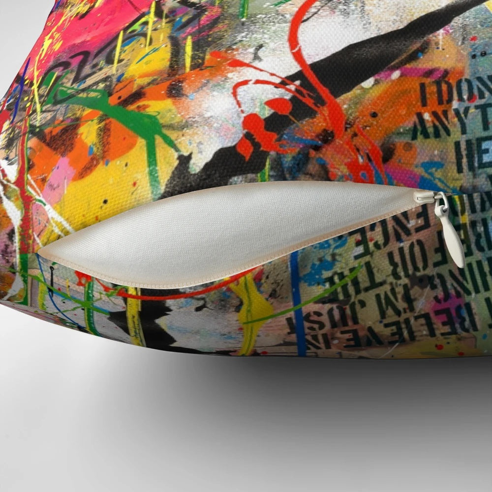 Colorful and iconic Flower Thrower pop art design on a soft, comfortable pillow for urban contemporary home decor.