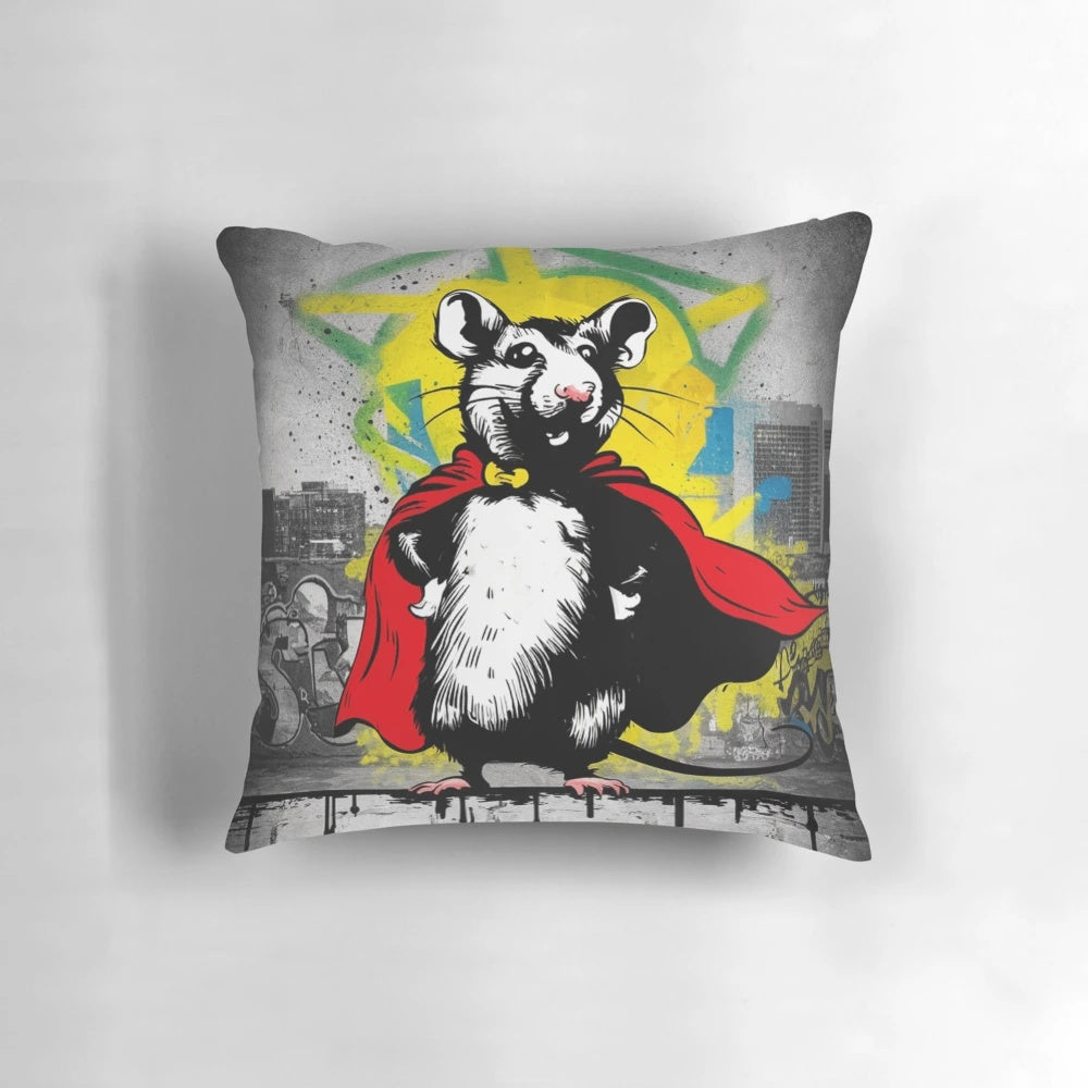 Colorful decorative pillow featuring a Banksy-style stencil graffiti design