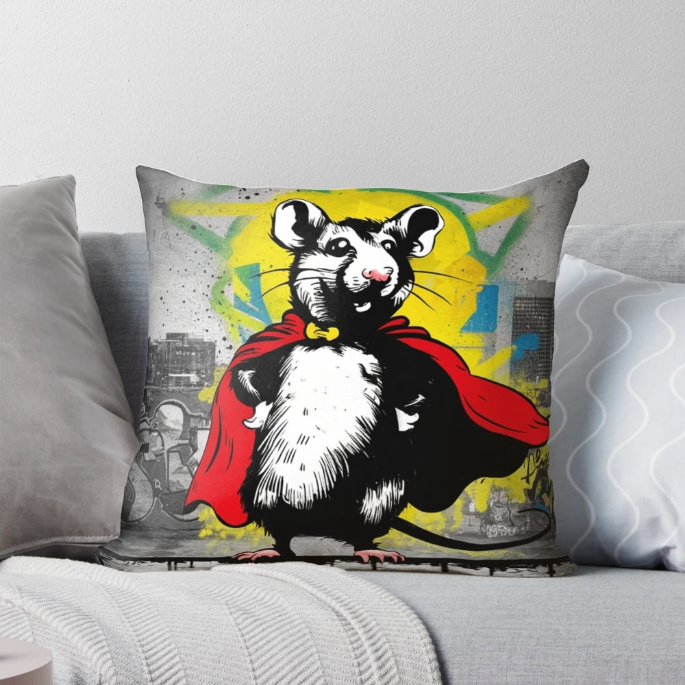 Colorful decorative pillow featuring a Banksy-style stencil graffiti design