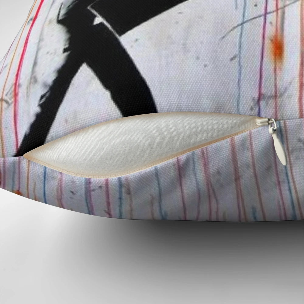 Colorful Banksy-inspired pillow design featuring a woman walking in the rain under a vibrant rainbow