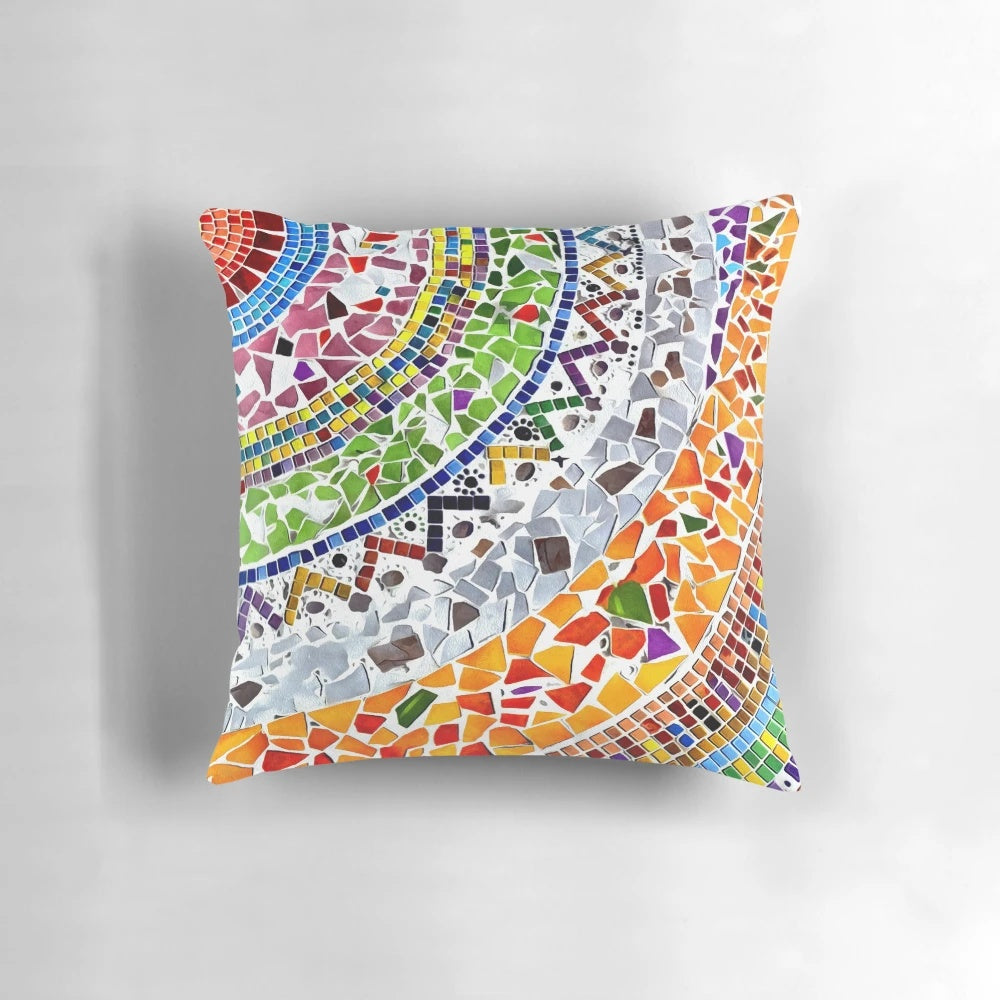 Colorful and textured throw pillow with a Gaudi-inspired mosaic pattern, inspired by the architecture of Barcelona, Spain.