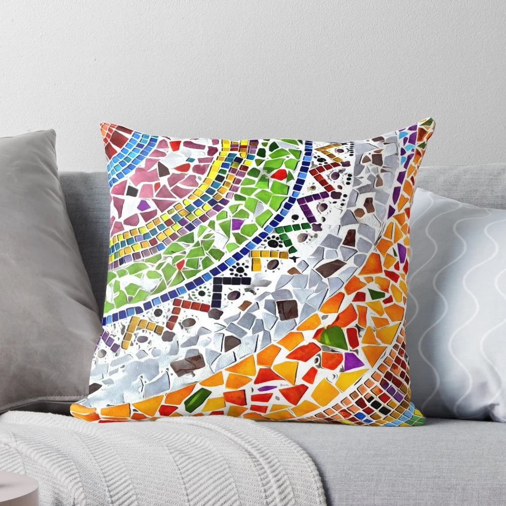 Colorful and textured throw pillow with a Gaudi-inspired mosaic pattern, inspired by the architecture of Barcelona, Spain.