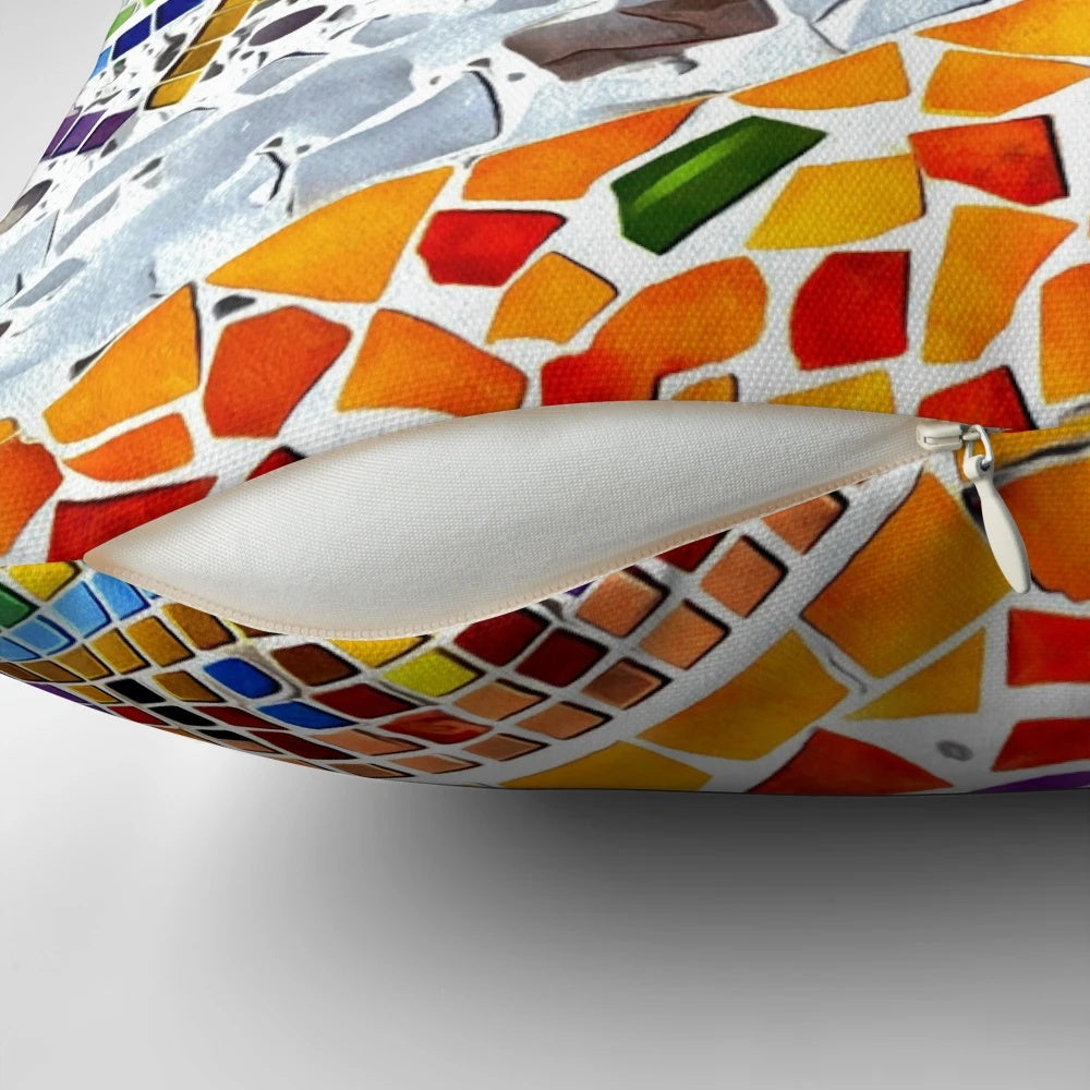 Colorful and textured throw pillow with a Gaudi-inspired mosaic pattern, inspired by the architecture of Barcelona, Spain.