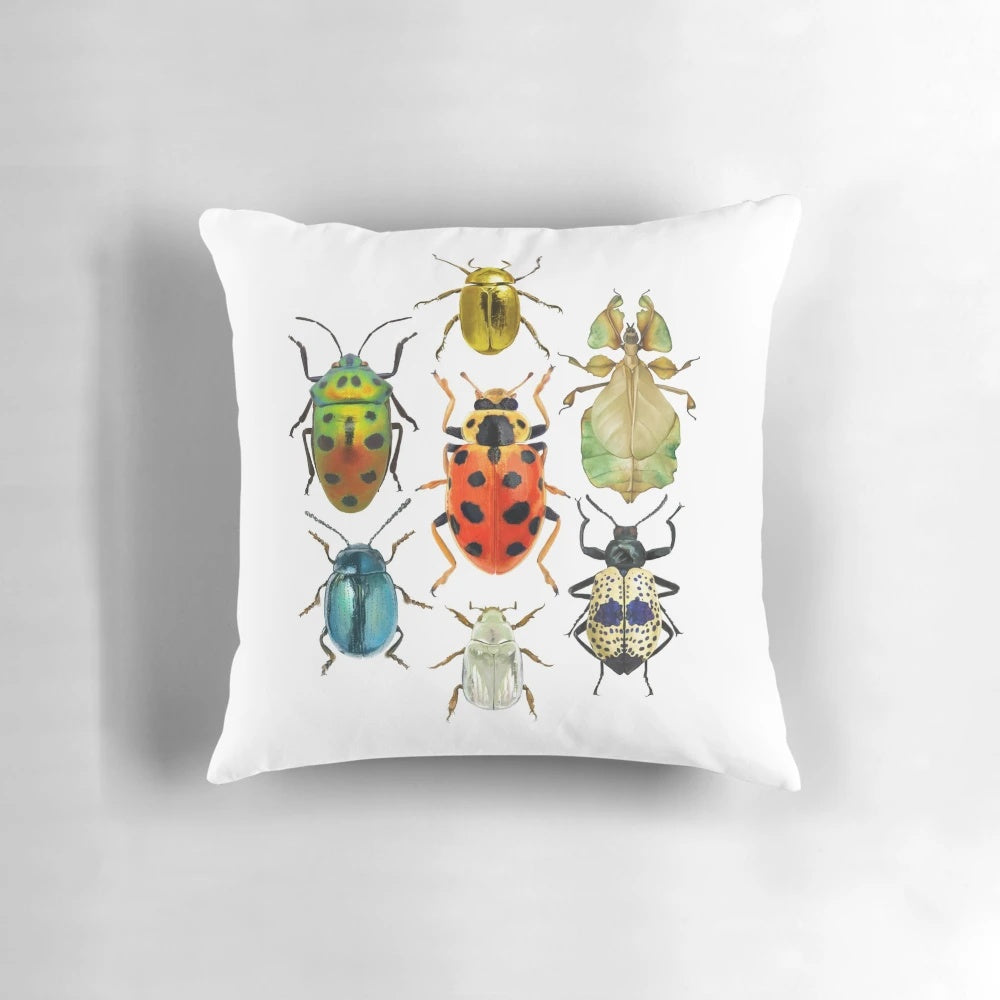 Colorful beetle-inspired pillow with a nature and science-themed design