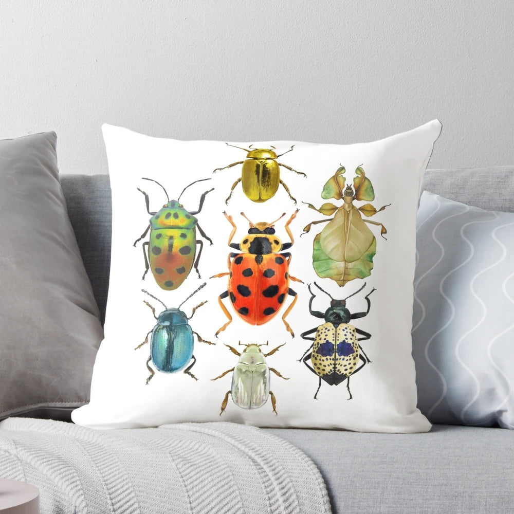 Colorful beetle-inspired pillow with a nature and science-themed design