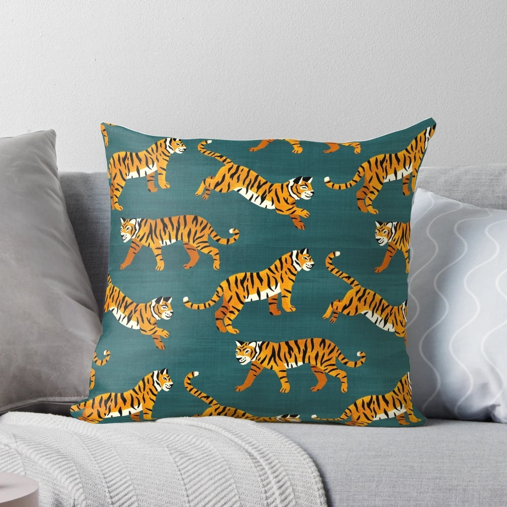 Navy blue decorative throw pillow featuring a vibrant Bengal tiger print design.