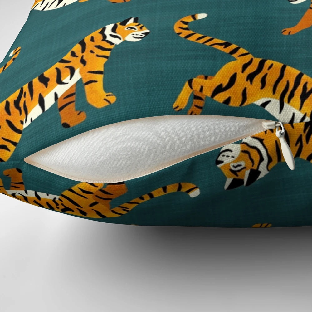 Navy blue decorative throw pillow featuring a vibrant Bengal tiger print design.