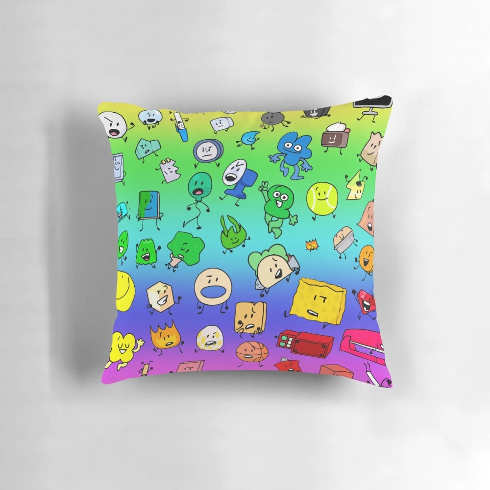 Colorful throw pillow featuring all the characters from the online animated series Battle for BFDI and Battle for Dream Island