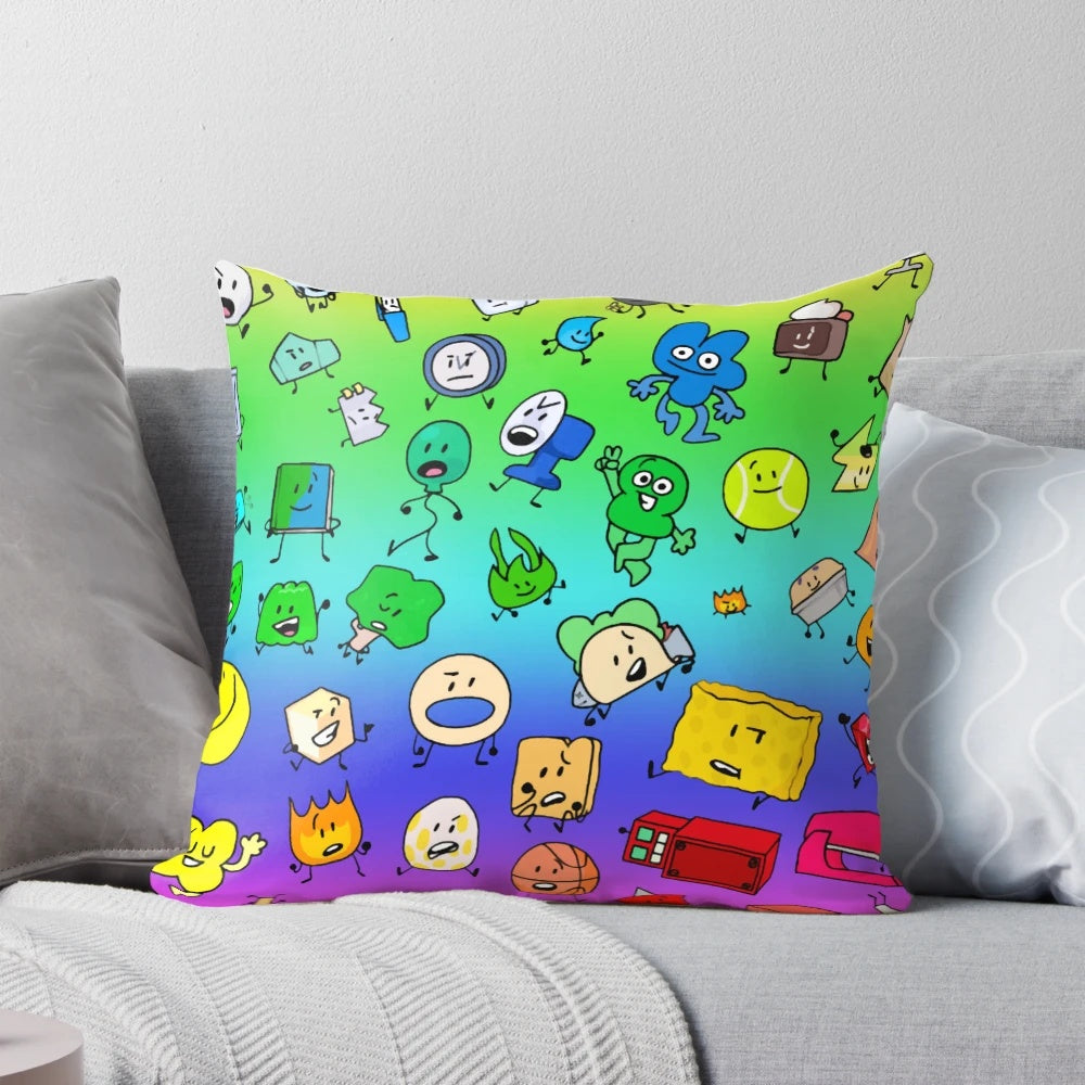 Colorful throw pillow featuring all the characters from the online animated series Battle for BFDI and Battle for Dream Island