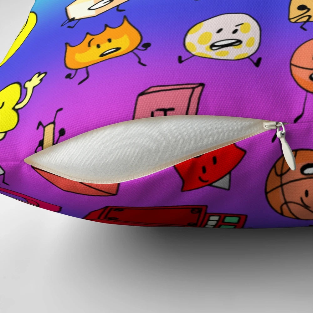 Colorful throw pillow featuring all the characters from the online animated series Battle for BFDI and Battle for Dream Island